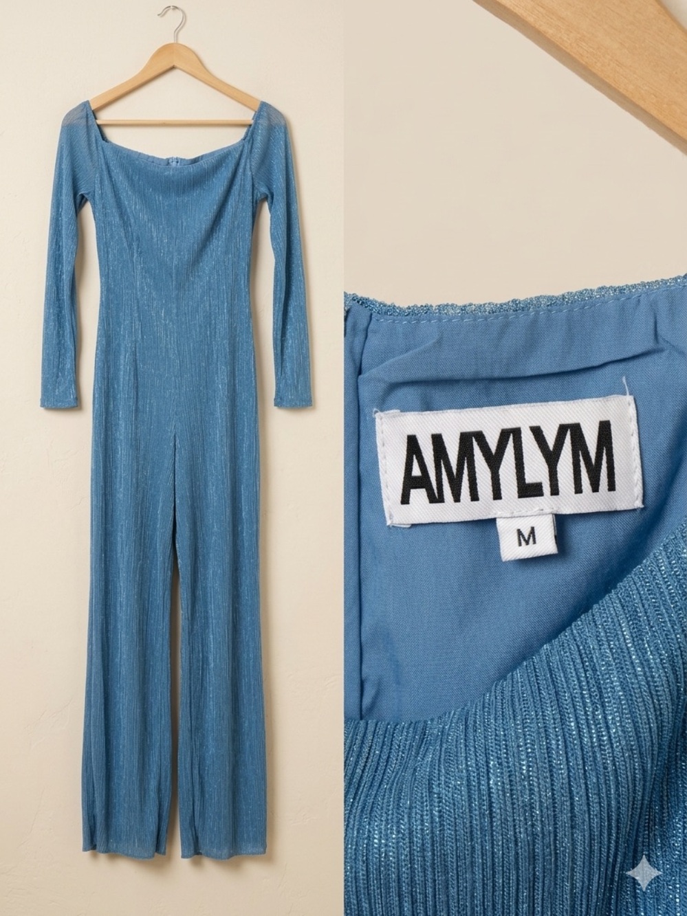 AMLYM Metallic Light Blue Long-Sleeve Jumpsuit